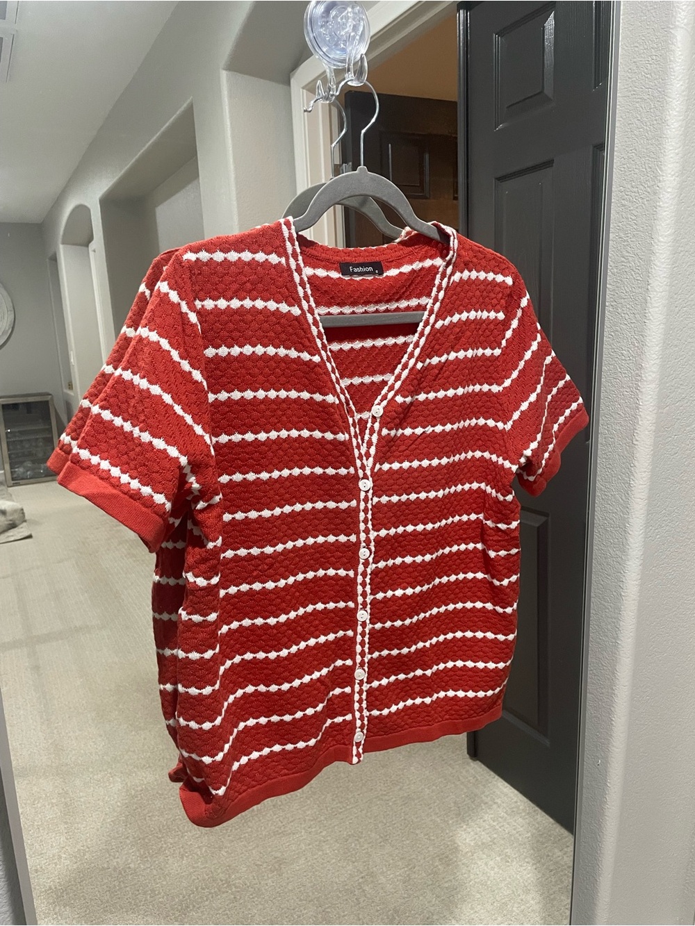Red & White Striped V‑Neck Short Sleeve Cardigan